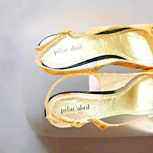 Pilar Abril Peep Toe Slingback Heels Gold Leather Croc with Bow Womens 9.5 EU 41 - Picture 6 of 7